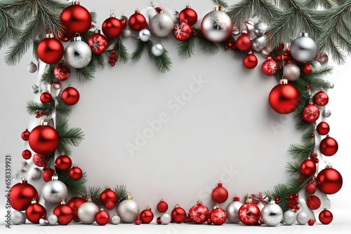Wide arch shaped Christmas border isolated on white, composed of fresh fir branches and ornaments in red and silverWide arch shaped Christmas border isolated on white, composed of fresh fir branches .