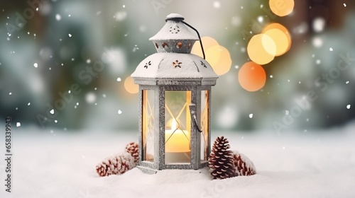  a lantern in the snow with a pine cone on it. generative ai