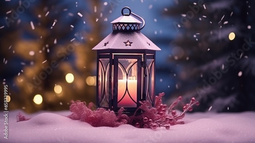  a lit lantern in the snow with a christmas tree in the background. generative ai