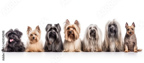 Banner featuring various long haired dog breeds isolated on white background for grooming Includes Pekingese Shih Tzu Poodle Scottish Terrier and Aberdeen Terrier photo