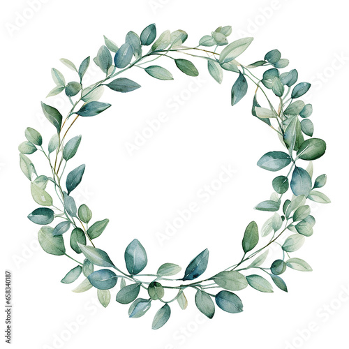 Watercolor drawing, wreath of eucalyptus leaves, round frame