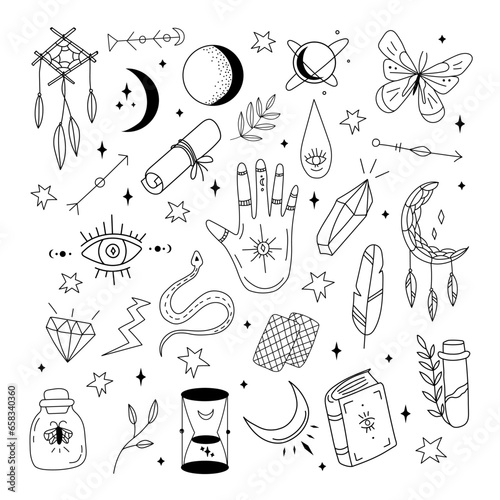 Hand-drawn doodle-style magical set of various esoteric elements illustration for cards, posters, stickers, and professional design