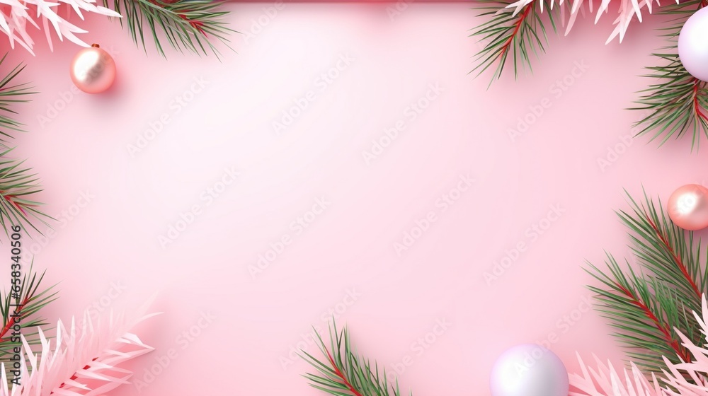  a pink christmas background with pine branches and baubles.  generative ai - obrazy, fototapety, plakaty 