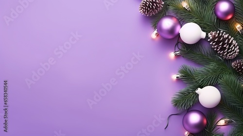  a purple background with christmas decorations and pine cones on it.  generative ai