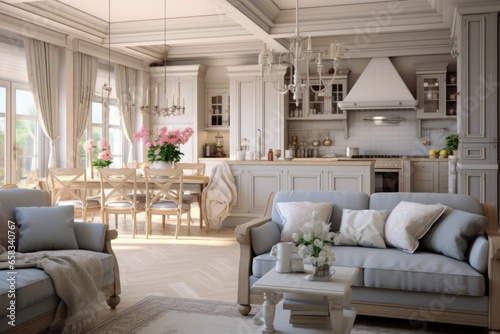 Interior of living room with white piano and parqueted wooden floor and staircase leading to kitchen with counter and chairs and hanging lamps photo