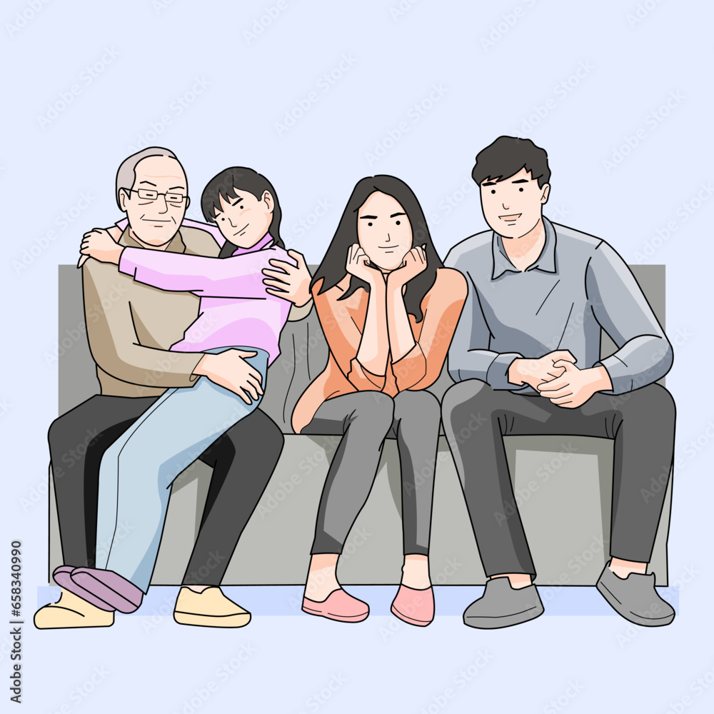Obraz premium Family sitting together happy father, mother, daughter, grand father