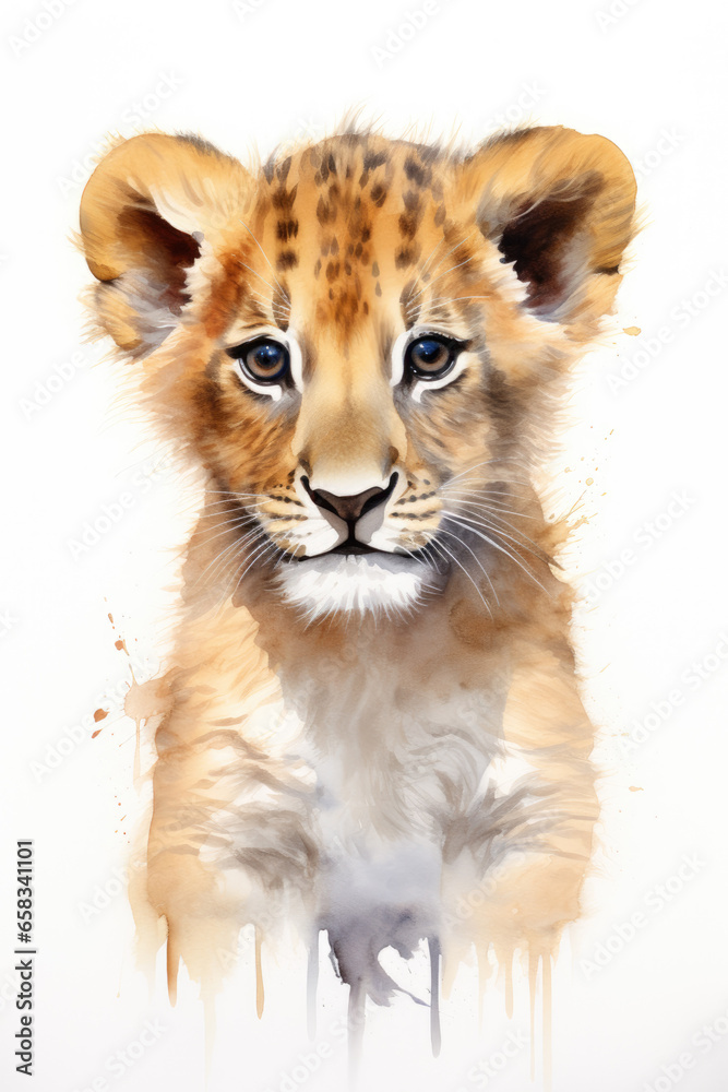Obraz premium Lion cub isolated on a white background watercolor style