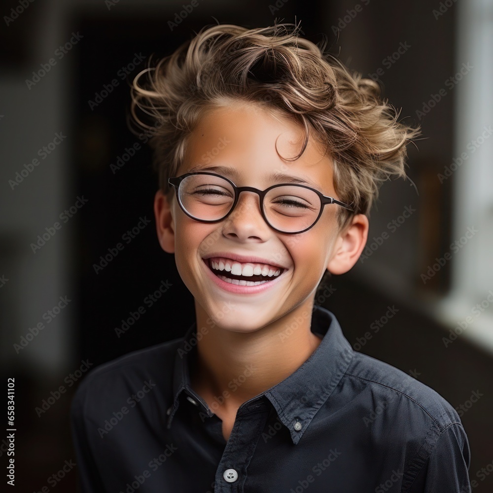 Portrait of young handsome curly boy with positive smiling face looking at camera.