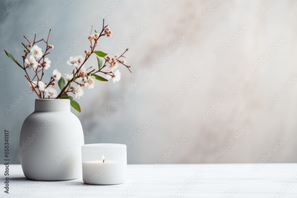 Stylist white flowers in a vase. Decoration for apartment in minimalist style. Copy space for text 