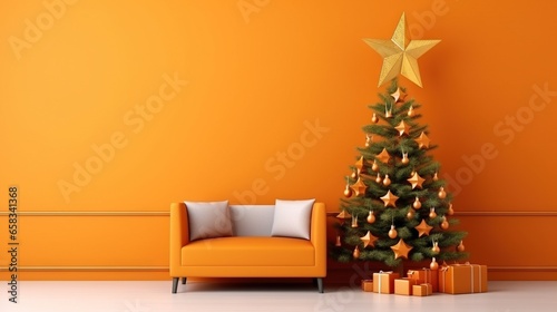  a small christmas tree in a room with a couch and a star on the wall.  generative ai © Nadia