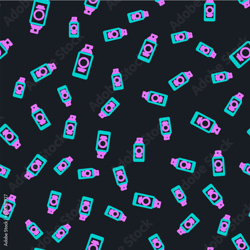 Line Spray can for hairspray, deodorant, antiperspirant icon isolated seamless pattern on black background. Vector Illustration