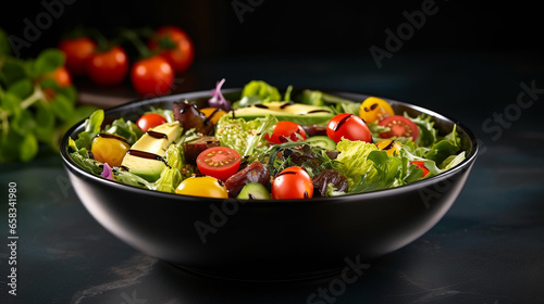 A vibrant salad with mixed greens, cherry tomatoes, and avocado, vegans, vegetarians, with copy space © Катерина Євтехова