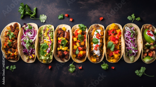 A colorful array of vegan tacos with various fillings and toppings, vegans, vegetarians, with copy space