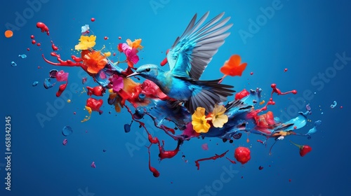  a blue bird flying over a bunch of colorful paint splatters. generative ai
