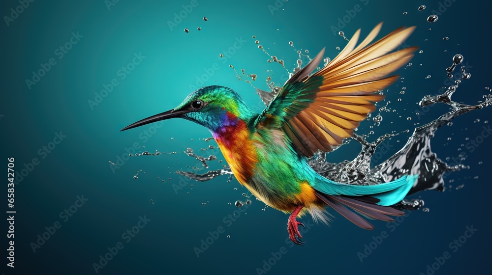  a colorful bird flying through the air with water splashing around it.  generative ai