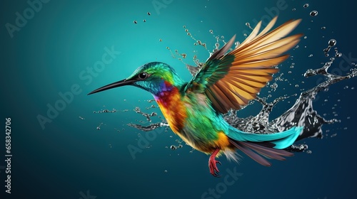  a colorful bird flying through the air with water splashing around it.  generative ai © Nadia