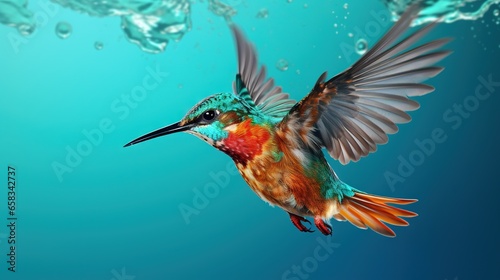  a colorful bird flying over a body of water with bubbles.  generative ai © Nadia