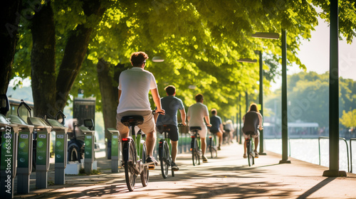 A scenic view of a bicycle path with tourists using bike-sharing services, promoting green transportation, Sustainable travel photo