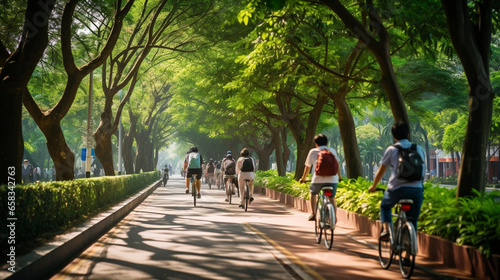 A scenic view of a bicycle path with tourists using bike-sharing services, promoting green transportation, Sustainable travel photo