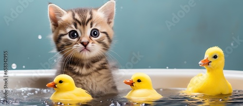 Tabby kitten in toy bathtub grooming observes soap bubbles soap and rubber duckie photo