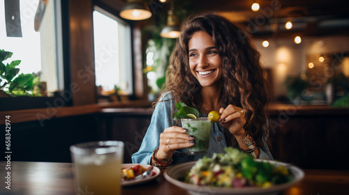A traveler enjoying a plant-based meal at a vegan restaurant  promoting sustainable food choices  Sustainable travel