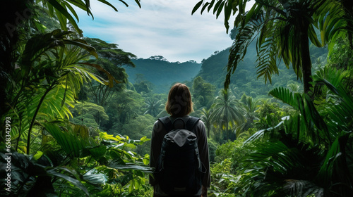 A scenic view of a traveler exploring a sustainable and biodiverse rainforest ecosystem, Sustainable travel