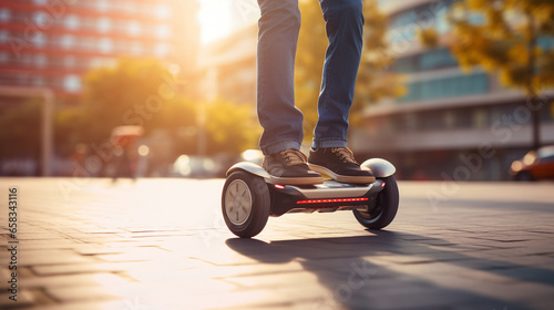 A futuristic electric hoverboard in action, gliding effortlessly on a smooth sidewalk, Mini mobility, with copy space