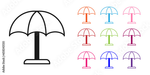 Black Sun protective umbrella for beach icon isolated on white background. Large parasol for outdoor space. Beach umbrella. Set icons colorful. Vector