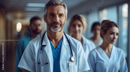 photo of professional doctor with nurses in hospital, doctors in the hospital corridors generative ai