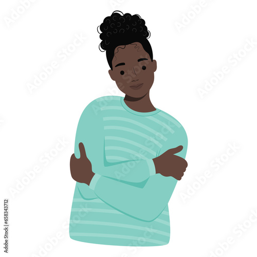 Happy African American woman respect, proud of herself. Self love, care, support, psychology concept. Embracing yourself, own body. Healthy esteem. Flat graphic vector illustration 