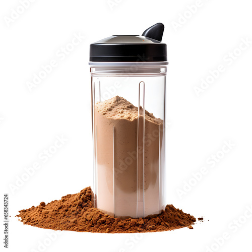 Whey protein powder with shaker for mixing isolated background. photo