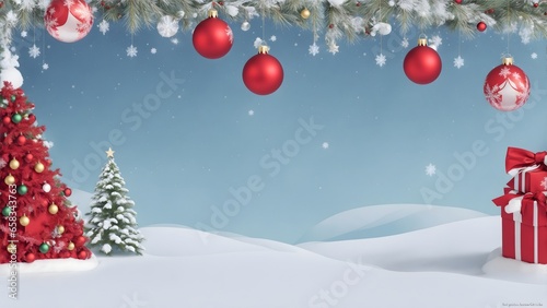 Christmas Trees and Gift Boxes in the Snow. Xmas Background with Fir Frame, Baubles, and Falling Snowflakes.