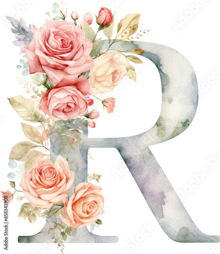 Floral letter R watercolour illustration created with Generative AI technology
