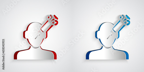 Paper cut Addiction to the drug icon isolated on grey background. Heroin, narcotic, addiction, illegal. Sick junkie with a syringe and medical pills. Paper art style. Vector
