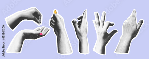 Collage of vector hands gestures in vintage halftone style.