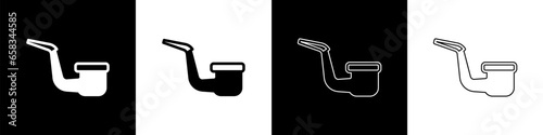 Set Smoking pipe with smoke icon isolated on black and white background. Tobacco pipe. Vector