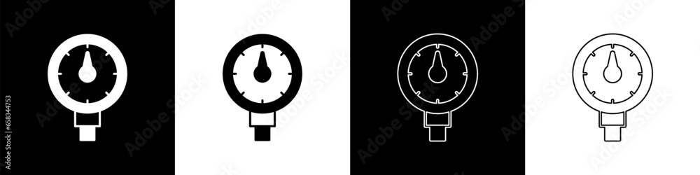 Set Tire pressure gauge icon isolated on black and white background. Checking tire pressure. Gauge, manometer. Car safe concept. Vector - obrazy, fototapety, plakaty 