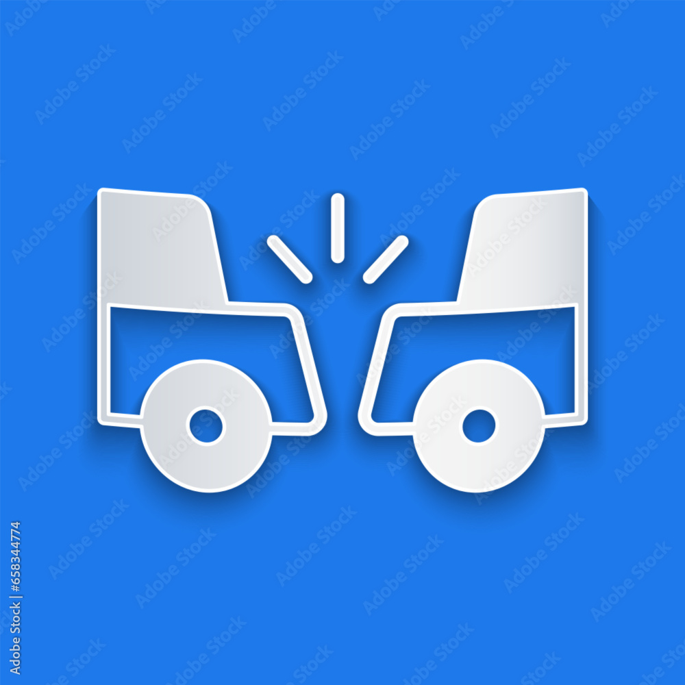 Paper cut Car accident icon isolated on blue background. Auto accident involving two cars. Paper art style. Vector Paper cut Car accident icon isolated on blue background. Auto accident involving two cars. Paper art style. Vector