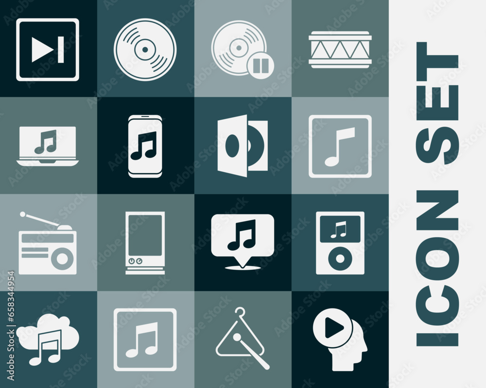 Set Head people with play button, Music player, note, tone, Vinyl disk, Laptop music, Fast forward and vinyl icon. Vector Set Head people with play button, Music player, note, tone, Vinyl disk, Laptop music, Fast forward and vinyl icon. Vector