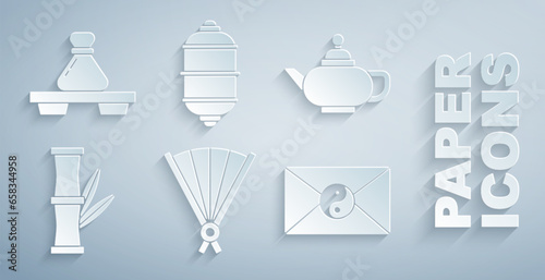 Set Paper chinese folding fan, Chinese tea ceremony, Bamboo, Yin Yang and envelope, paper lantern and Dumpling cutting board icon. Vector