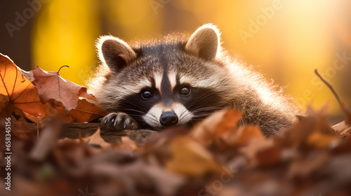 A cub raccoon in autumn in an enchanting setting that evokes the beauty of nature in its purest form. Cub raccoon among golden leaves in a warm and cozy environment.