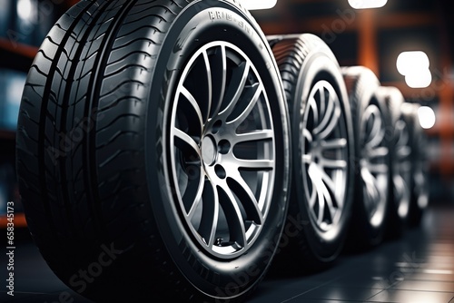 A row of tires sitting on top of a tiled floor. This image can be used to represent a car workshop or tire store. . © Fotograf
