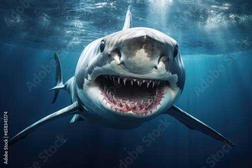 A powerful and intimidating great white shark with its mouth wide open, swimming in the water. Perfect for illustrating the beauty and danger of marine life. Can be used in educational materials, docu