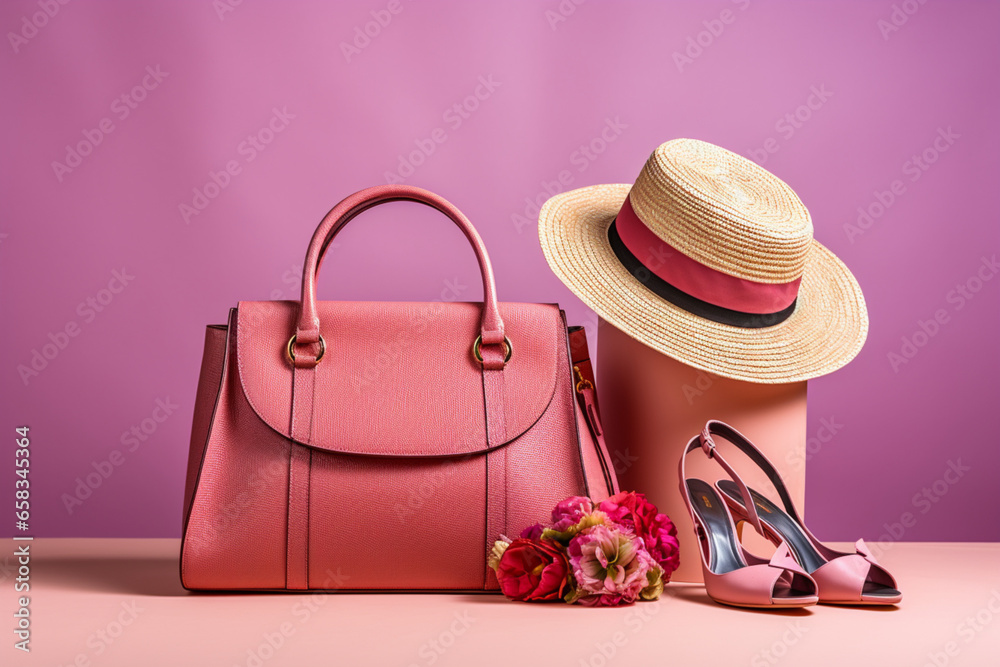 pink handbag and shoes - obrazy, fototapety, plakaty 