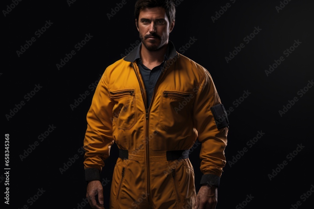 A man wearing a yellow jacket stands in a dark room. This image can be used to depict mystery, solitude, or a dramatic atmosphere.