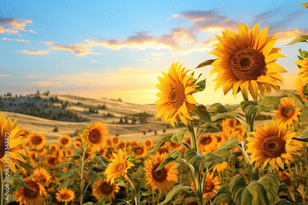 Obraz premium A stunning field of sunflowers with a beautiful sunset in the background. Perfect for adding a touch of nature and warmth to any project or design.