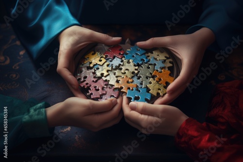 Two children holding a puzzle piece in their hands. Suitable for educational or family-themed projects.