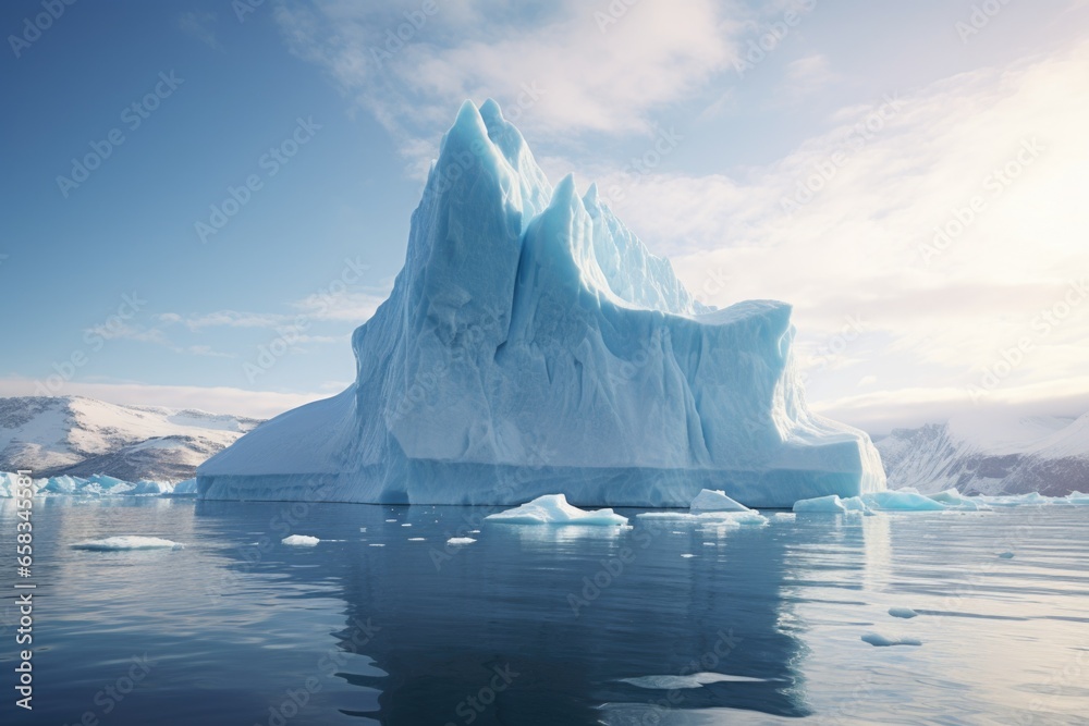 A stunning image of a large iceberg floating on top of a body of water. This picture captures the beauty and grandeur of nature's icy formations. Perfect for illustrating climate change, environmental - obrazy, fototapety, plakaty 