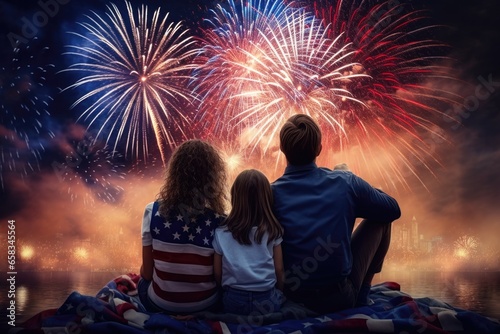 A family sitting on a blanket, enjoying a mesmerizing fireworks display. Perfect for capturing the joy and togetherness of special occasions. Ideal for use in family-oriented websites, blogs, and prom