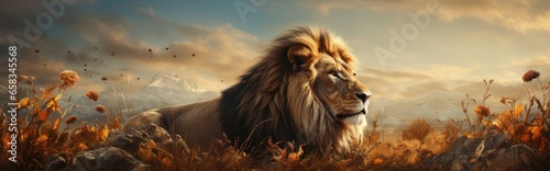 A Panoramic View of a Serene Lion in Its Natural Habitat
